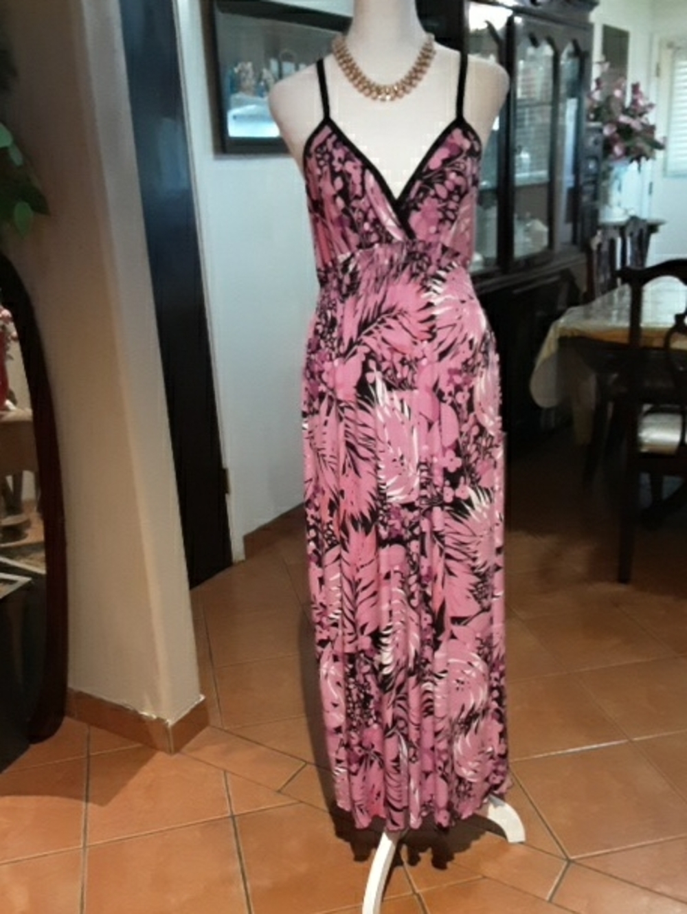 Pink Floral Maxi Dress with Black Trim - Women